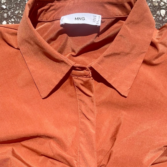 Burnt Orange Ruched Mango Mini Shirt Dress Puffed Sleeves Summer Workwear Size M - Picture 3 of 4
